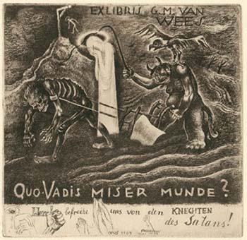 Michel Fingesten, ets, exlibris G.M. van Wees, juli 1935, Quo Vadis Miser Munde?